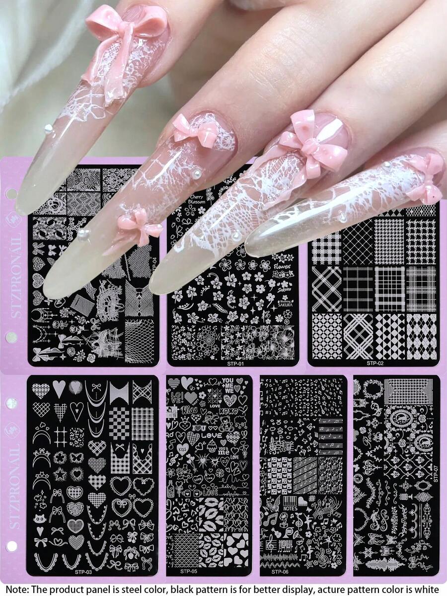 7Pcs Nail Stamping Plates Set With Pink Alloy Buckle, Stainless Steel Nail Art Template With Cherry Blossom Plaid Check Lace Mesh Heart Bow Music Note Pattern, Sweet Y2K Girly Nail Stamp Plate With Metal Rings For Salon DIY Manicure Accessories - Multicolor - View 1