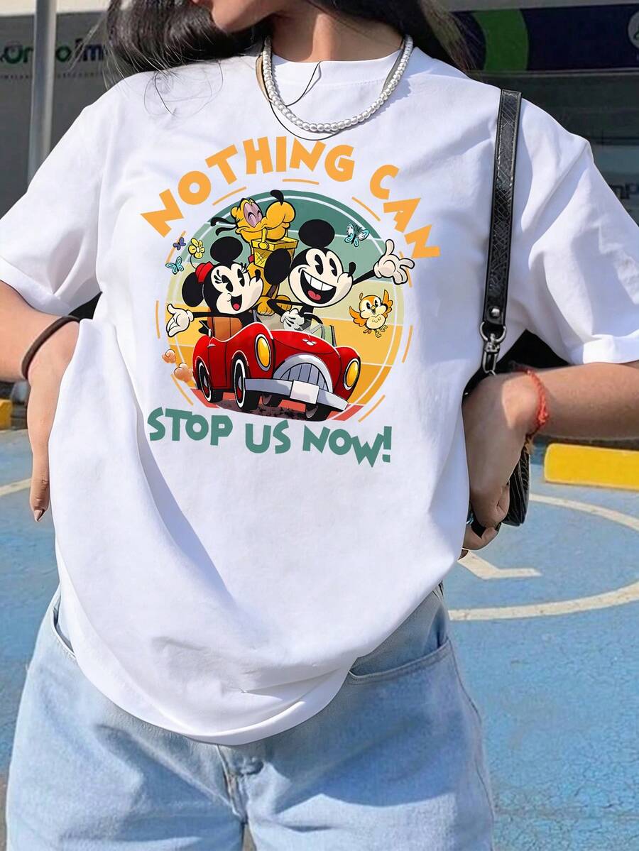 Disney Mickey & Minnie's Runaway Railway Print Cotton Short Sleeve T-Shirt, Disneyland, Summer Outfits For Women, Vacation Outfits Women, Daily Wear - 白色 - 查看 1