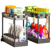 Under Sink Storage Rack, 2-Tier Bathroom Cabinet Organizer With Hooks, Multi-Purpose Storage Basket Shelf, Storage Rack, Home Storage Rack, Suitable For Kitchen, Living Room, Bedroom, Office, Commercial Restroom And Bathroom, Multi-Functional Storage Basket - View 2
