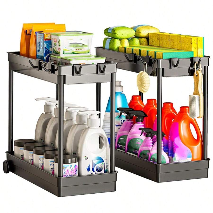 Under Sink Storage Rack, 2-Tier Bathroom Cabinet Organizer With Hooks, Multi-Purpose Storage Basket Shelf, Storage Rack, Home Storage Rack, Suitable For Kitchen, Living Room, Bedroom, Office, Commercial Restroom And Bathroom, Multi-Functional Storage Basket