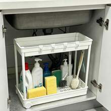 Under Sink Storage Rack, 2-Tier Bathroom Cabinet Organizer With Hooks, Multi-Purpose Storage Basket Shelf, Storage Rack, Home Storage Rack, Suitable For Kitchen, Living Room, Bedroom, Office, Commercial Restroom And Bathroom, Multi-Functional Storage Basket - View 6