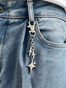 1pc Creative Four-Pointed Star Pants Chain Keychain, Ins Style Alloy Star & Moon Phone Bag Pendant, Suitable For Daily Matching - Silver - View 3