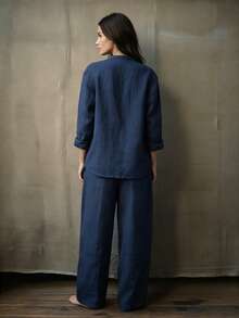 2026新款女款2件套寬鬆襯衫與寬腿褲套裝，天然面料極簡居家套裝，海軍藍配色，波希米亞極簡風，Wabi-Sabi風格，舒適居家服，秋冬休閒套裝，適合旅行或咖啡約會，隨性時尚亞麻套裝，北歐風寬鬆版型，大尺碼友善 - 藏蓝色 - 查看 4