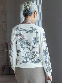 女款時尚花卉針織毛衣，柔軟長袖套頭上衣，適合萬聖節、感恩節、聖誕節節日穿搭 - 白色 - 查看 4