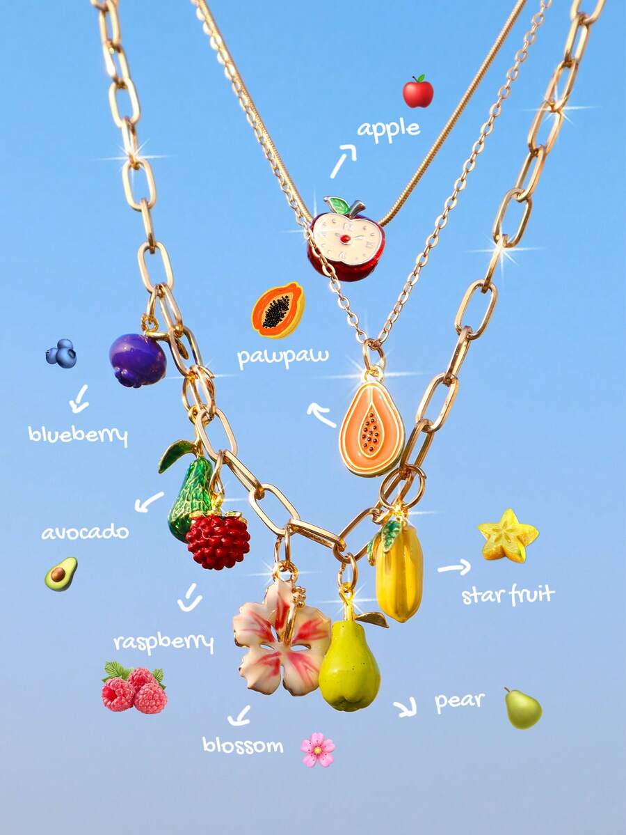 Cute Fruit Papaya Blueberry Charm Necklace Set 3pcs, Cute Red Apple Necklace, Fashion Cherry Blossom Necklace