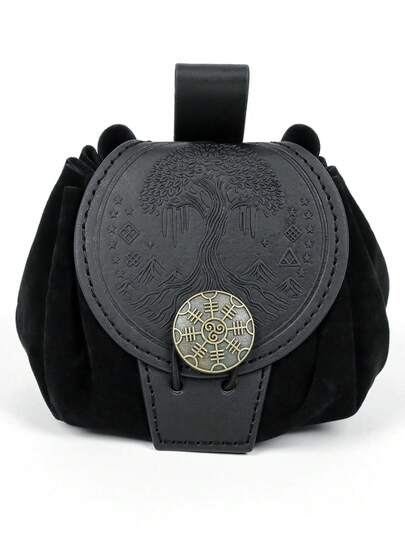 1pc Medieval Tree Of Life PU Leather Waist Bag | Nordic Viking Yggdrasil Embossed Drawstring Waist Bag, Suitable For Viking Role Play, Cosplay, Renaissance Fair, Halloween Costume Props