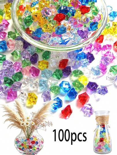 100 piezas de piedras trituradas de cristal acrílico multicolor asimétrico, gemas transparentes de aspecto de hielo, relleno decorativo para floreros de flores secas y acuarios, relleno decorativo para bodas DIY hecho a mano