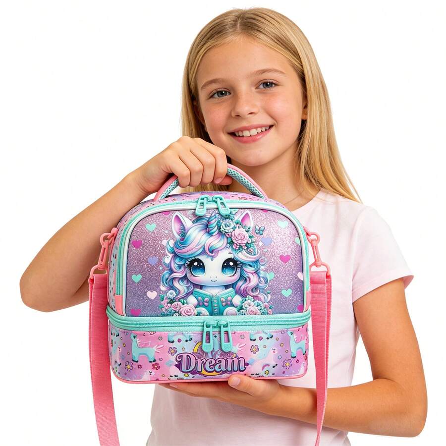 女童可愛獨角獸印花亮片雙層斜挎包，附肩帶，便攜保溫午餐托特包，適合學校野餐 - 粉色 - 查看 1