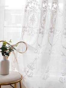 1pc White Floral Embroidered Sheer Curtain, Luxury Style Faux Linen Material Embroidered Sheer Curtain, Suitable For Living Room, Bedroom Windows And Door Decoration, Curtain Rod Not Included - White - View 3