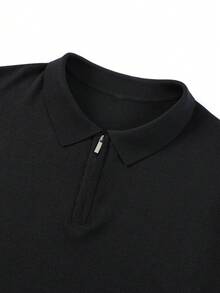 Men's Zipper Short Sleeve Polo Knit Sweater Top - Black - View 3
