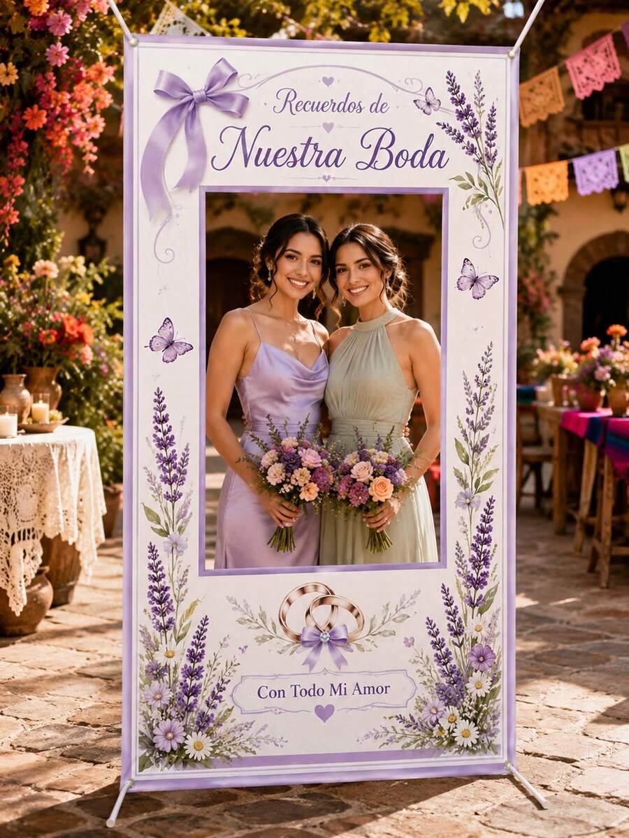 1pc Lavender Spanish Wedding Photo Booth Frame, Printed With Recuerdos De Nuestra Boda And Con Todo Mi Amor, Floral, Bowknot And Ring Patterns, Polyester Rectangular Hollow Background Cloth With 4 Metal Grommets, Suitable For Wedding Reception, Bridal Shower And Photo Decoration - Multicolor - View 1