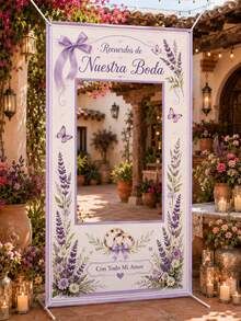 1pc Lavender Spanish Wedding Photo Booth Frame, Printed With Recuerdos De Nuestra Boda And Con Todo Mi Amor, Floral, Bowknot And Ring Patterns, Polyester Rectangular Hollow Background Cloth With 4 Metal Grommets, Suitable For Wedding Reception, Bridal Shower And Photo Decoration - Multicolor - View 8