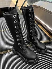 Women's Casual Fashion Boots, Black Knee-High, Non-Slip Low Heel Wide Shaft, Suitable For Daily Outdoor Activities, Autumn/Winter - Black - View 12