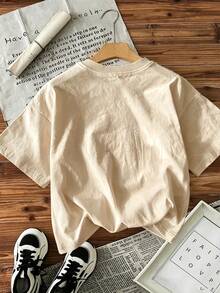 Cute & Casual Women's Short Sleeve Cotton Tee With Retro Cassette Tape Design, Round Neck And Rib-Knit Details For School,Y2K,Outings,Autumn - Light Apricot - View 3
