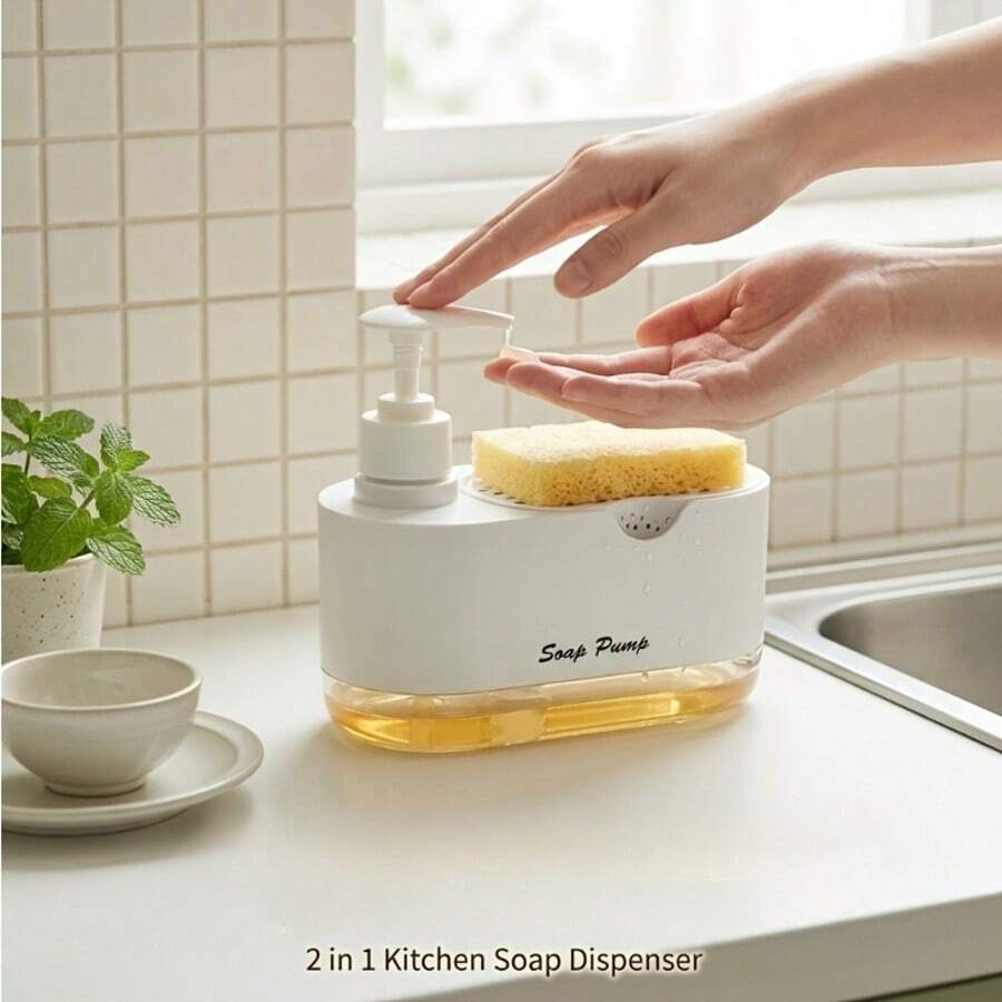 Built-In Sponge Holder Kitchen Dish Soap Dispenser - Rotatable Nozzle Countertop Manual Sink Storage Box - Leak-Proof Dish Soap Pump With Sponge Holder - Hand Soap Pump - Transparent Plastic Bathroom Accessory Set (Includes 1 Sponge) - Regular Model - View 1