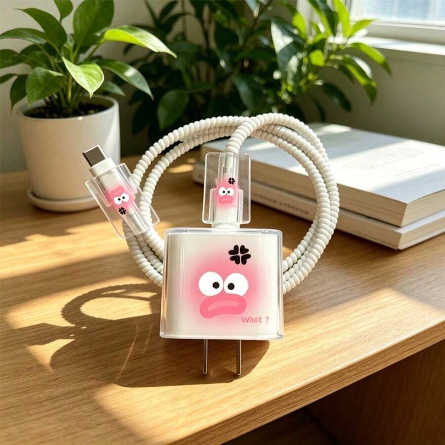4件組適用於 18W/20W原裝充電器保護套 TPU軟殼防摔，卡通可愛大眼憤怒表情蘋果快充頭數據線保護套防斷，USB-C轉Lightning接頭保護套，線材收納繩，手機配件裝飾，送女友理想禮物 - 粉色生氣表情包 - 查看 1