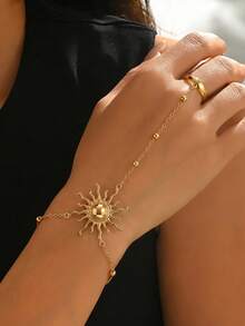 1pc Minimalist Elegant Women's Finger Bracelet, Vintage Creative Personalized Metal Sun Design Bracelet, Daily Street Style Party Versatile Accessory (Handmade Ball Chain, Random Quantity, Asymmetrical Random Cut) - Golden - View 2