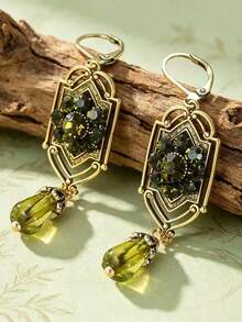 1 Pair Vintage Art Deco Style Green Crystal Pendant Earrings, Bohemian Metal Floral Rhinestone Frame Teardrop Dangle Earrings, Women's Retro Aesthetic Daily & Party Ear Accessories - Green - View 2