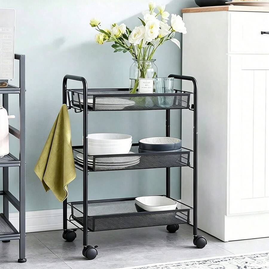 1PC 3-Tier Storage Trolley Cart On Wheels Kitchen Bathroom Laundry Narrow Space Rack Bathroom Decor Summer Black - Black - View 1