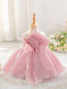 Baby Girls Spaghetti Strap Ruched Bow Starry Tulle Cute Birthday Princess Dress, Suitable For Party, Wedding Flower Girl, Vacation, Without Headband - Dusty Pink - View 1