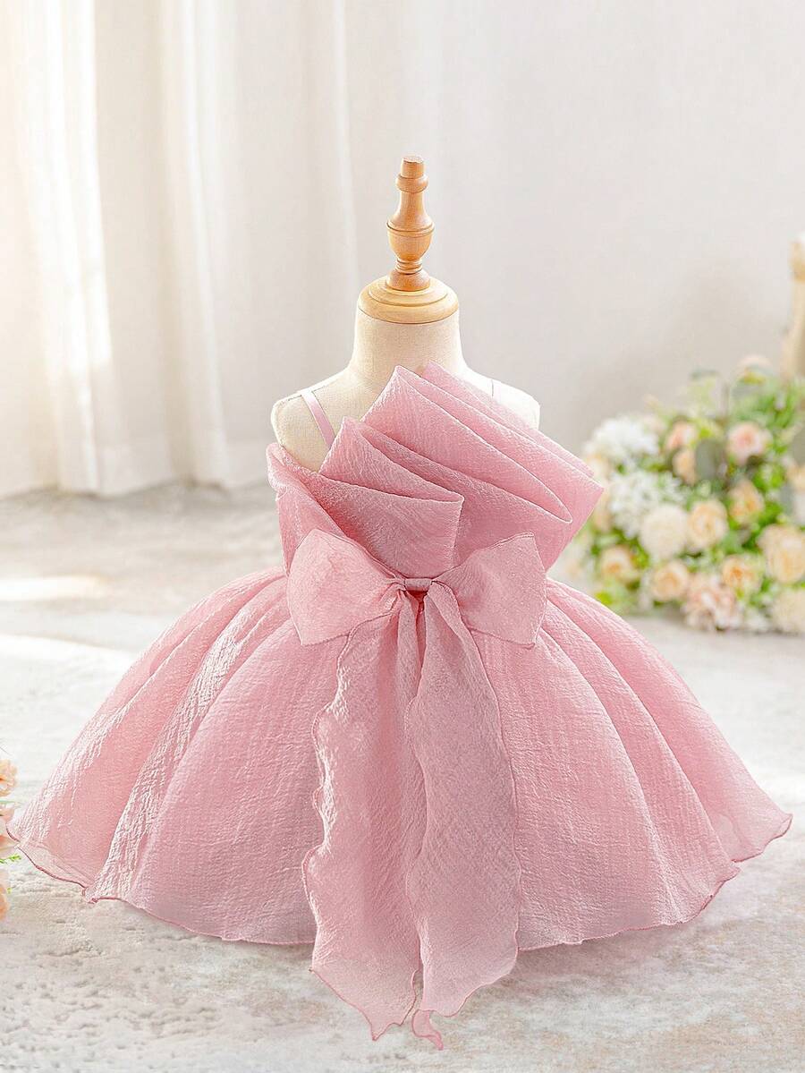 Baby Girls Spaghetti Strap Ruched Bow Starry Tulle Cute Birthday Princess Dress, Suitable For Party, Wedding Flower Girl, Vacation, Without Headband - Dusty Pink - View 1