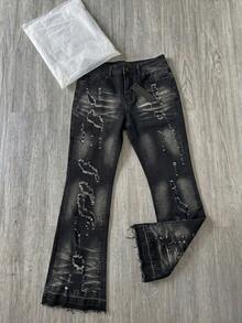 Black Vintage Cat Whisker Pattern Denim Long Pants For Men, Street Style Distressed Design Slight Flare Denim Long Pants, Daily Commute Versatile Loose Slight Flare Frayed Hem Denim Pants. - Black - View 2