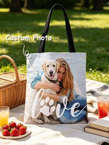 Bolsa de tela personalizada con foto, bolso de mano de gran capacidad de lona de algodón con impresión personalizada, tela duradera, área reservada para nombre de la novia y texto de la fiesta personalizados, adecuado para novias, damas de honor, amantes de mascotas, ideal para regalos de despedida de soltera, reuniones de damas de honor, uso diario, recuerdo de preboda temático, temporada de vuelta al colegio, regalo personalizado para el Día del Maestro - Multicolor - Ver 2