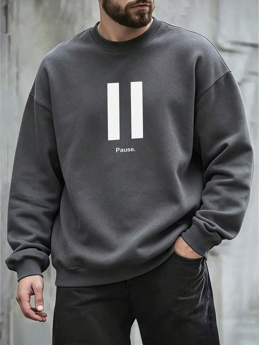 SU ER Men's Casual Crew Neck Sweatshirt, Autumn/Winter, Street Style Essential - Dark Grey - View 1