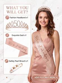 3rd To 100th Milestone Birthday Tiara & Sash Set With Pearl Brooch, Rose Gold Crystal Crown, Birthday Party Decorations Gift For Women & Girls - Multicolor - View 11