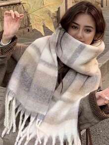 1pc Small Plaid Scarf, Soft And Warm, Suitable For Women To Match With Skirts In Autumn And Winter - Beige - View 13