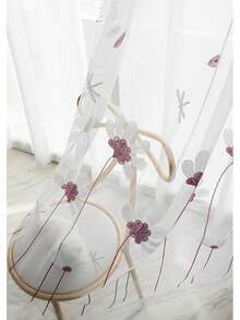 1件韓式溫柔風雛菊刺繡透視窗簾，羅紋口袋式，飄落花瓣與蜻蜓圖案裝飾薄紗窗簾 - 彩色 - 查看 7