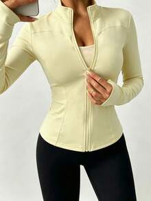 Women's Elegant Sweet Zip-Up Collar Jacket Skin-Friendly, Layerable, Sculpting Tailored Slim Fit Long Sleeve With Thumb Hole, Travel Sports - Light Yellow - View 3