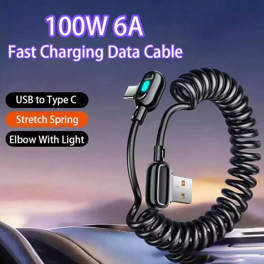 USB-C 雙彎頭伸縮彈簧快充線 6A 高速數據傳輸線 USB A 轉 USB C 兼容 Galaxy S25 S24 14 Android 手機配件充電線 USB Type C 易收納 - 黑色 - 查看 1