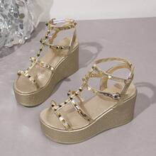 Women's Roman Style Lace-Up Rivet Platform Wedge Sandals, Spring/Summer - Gold - View 11