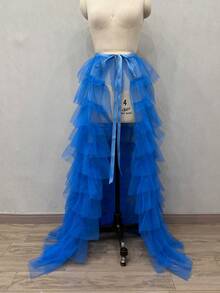 1pc Bride's Multi-Layered Black Belted Party Maxi Skirt With Detachable Train And Tulle Overlay Halloween - Black - View 23