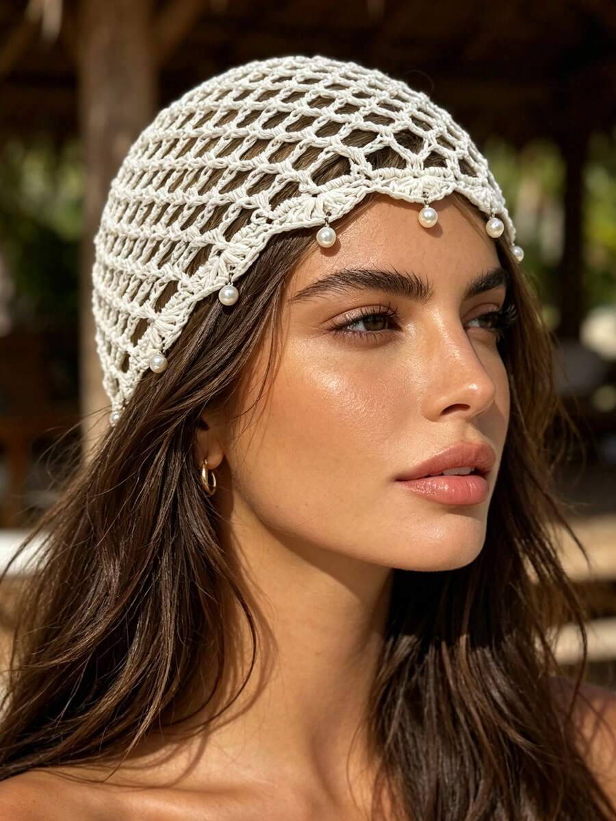 1pc Women's Handmade Pearl Sequin Hollow Boho Vintage Tassel Knitted Hat, Lightweight Breathable Decorative Cap Suitable For Daily Wear And Vacation, Spring/Summer - Openwork Pearl - View 1