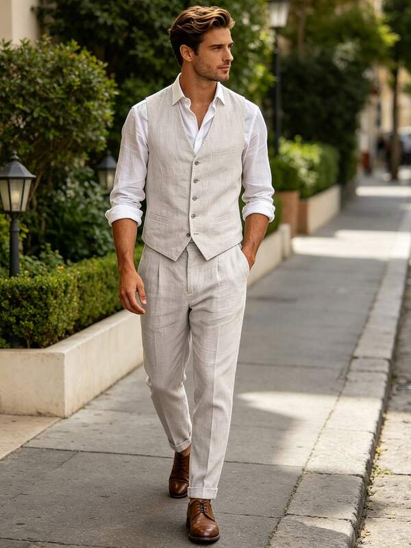 Completo elegante da uomo in lino 2 pezzi, gilet e pantaloni slim fit tinta unita, stile Old Money, abbigliamento formale da business, matrimonio e festa