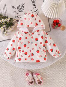 1pc Baby Girl Cute Strawberry Bow Print Long Sleeve Hooded Jacket, Lightweight, Spring/Autumn - Apricot - View 2