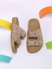 1 Pair Girls' Gradient Glitter Rose Gold Double Strap Slip-On Fashion Sandals, Suitable For Home, Walking And Playing - Rose Gold - View 4