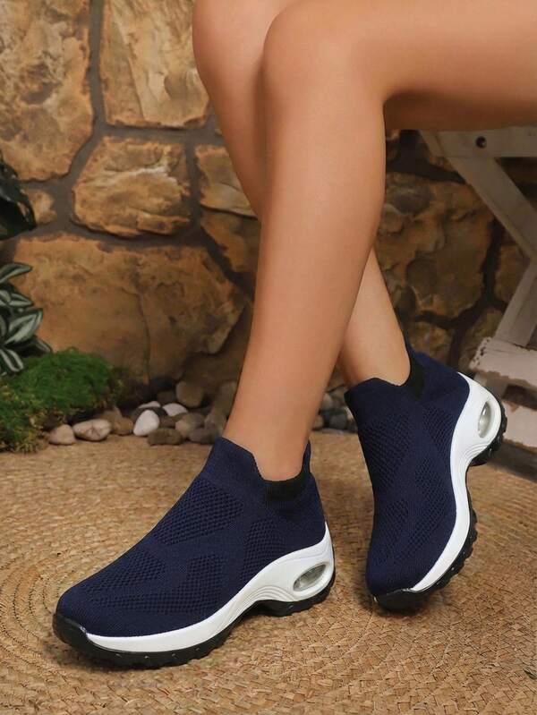 Women's Breathable Knit Slip-On Athletic Shoes With Air Cushion Thick Sole Walking Casual Sock Shoes