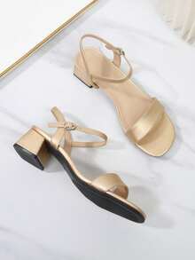 Women's Open Back Chunky Heel Sandals, Mid-Heel Fashion Sandals With Open Toe And Back Strap, High Heel Plus Size Women's Shoes - Gold - View 2