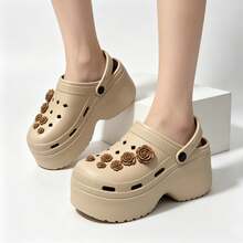 9cm Platform Wedge Clogs For Women, Simulated Rose Decor, Thick Sole, Breathable, 2-Way Wear, Non-Slip Beach Sandals - Khaki - View 10