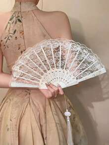 1pc Vintage French Lace Tassel Folding Hand Fan, Fashionable And Portable, Suitable For Summer Dance - Multicolor - View 6