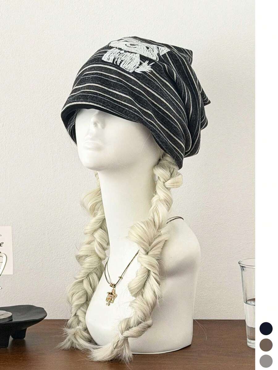 女款復古百褶條紋鬆垮針織帽,秋季寬鬆套頭保暖帽,百搭顯臉小鈕扣頭巾,春秋休閒時尚便帽 - 彩色 - 查看 1