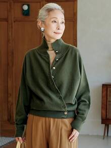 女款時尚綠色鈕扣針織開襟衫，舒適長袖針織毛衣，適合萬聖節、感恩節、聖誕節節日穿搭 - 墨綠色 - 查看 3