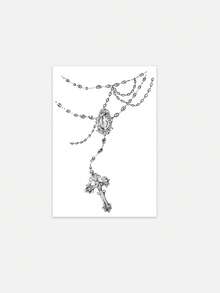 1 Pc Vintage Sketch Rosary Cross Ankle Temporary Tattoo, Retro Elegant Religious Pattern, Waterproof Wrap-Around Fake Tattoo Stickers For Ankle Foot Wrist Girls Soft Girly Body Decor - Black - View 2