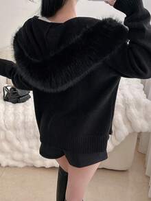 女款鬆弛感毛領連帽針織開襟毛衣，寬鬆顯瘦秋季上衣 - 黑色 - 查看 4
