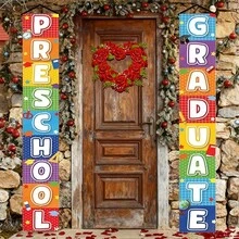2pcs Preschool Graduation Banner, Rainbow Gradient Color With Graduation Cap, Book, Globe Pattern, Preschool Graduation Decoration, Graduation Ceremony Decoration, Classroom Door Hanging Decoration - A - View 1