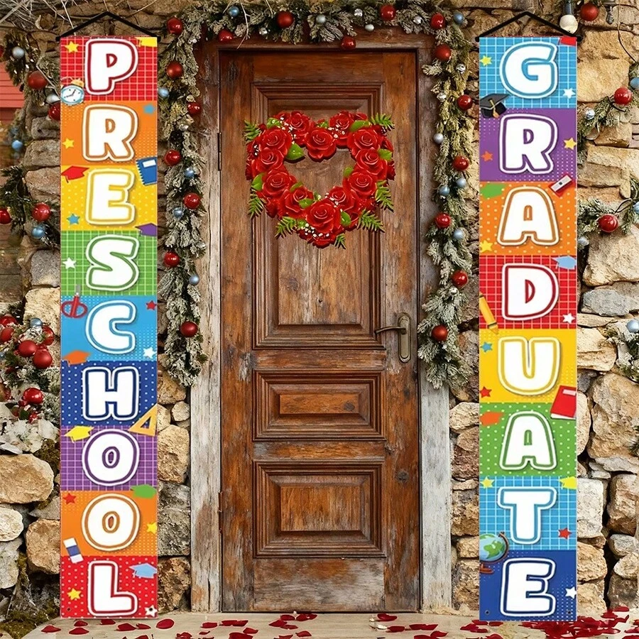 2pcs Preschool Graduation Banner, Rainbow Gradient Color With Graduation Cap, Book, Globe Pattern, Preschool Graduation Decoration, Graduation Ceremony Decoration, Classroom Door Hanging Decoration - A - View 1