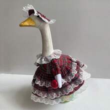 Christmas Goose Outfit For 23 Porch Goose Statue Plaid Print Lace Trim Dress With Attached Apple And Matching Hat Set - Multicolor - View 4